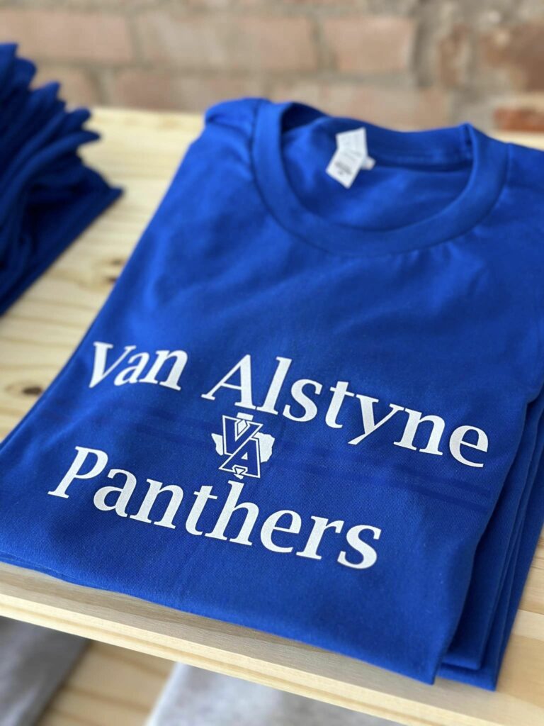 Blue shirt with "Van Alstyne Panthers logo